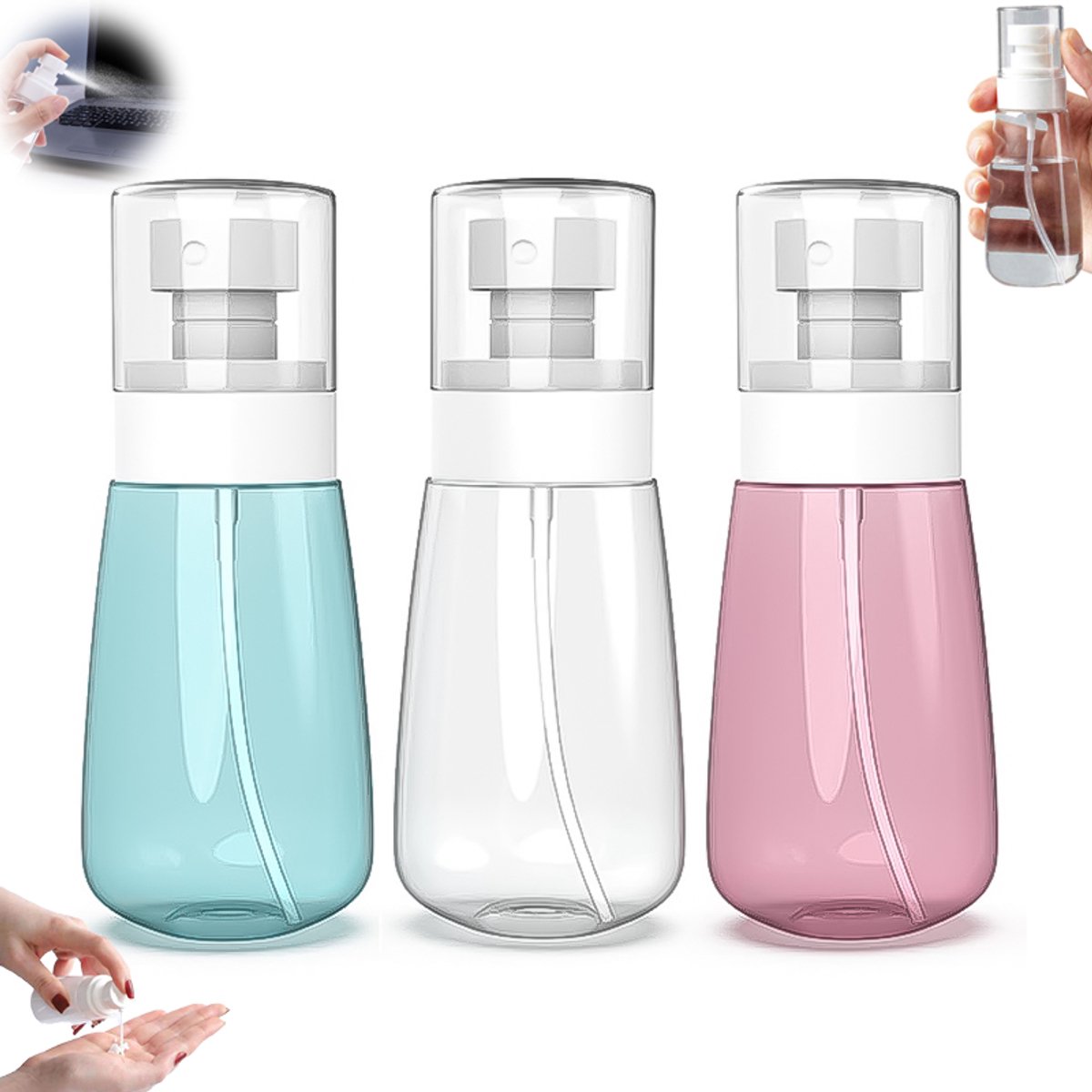 3 stuks - Reisverstuiver - Reisformaat sprayflacons - Lekvrije mini-verstuiver voor fijne nevel - Kunststof vacuümpompfles - Verstuiver voor fijne nevel - Navulbaar - Roze, blauw, transparant - Geschikt voor toner, gezichts- en haarspray