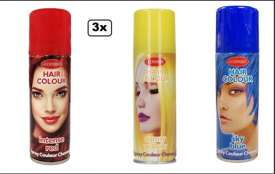 3x Haarverf/haarspray geel/rood/blauw 125 ml - Intense red/ sunny yellow / sky blue - Word bezorgd in doos ivm beschadiging - Festival thema feest carnaval haar kleurspray party