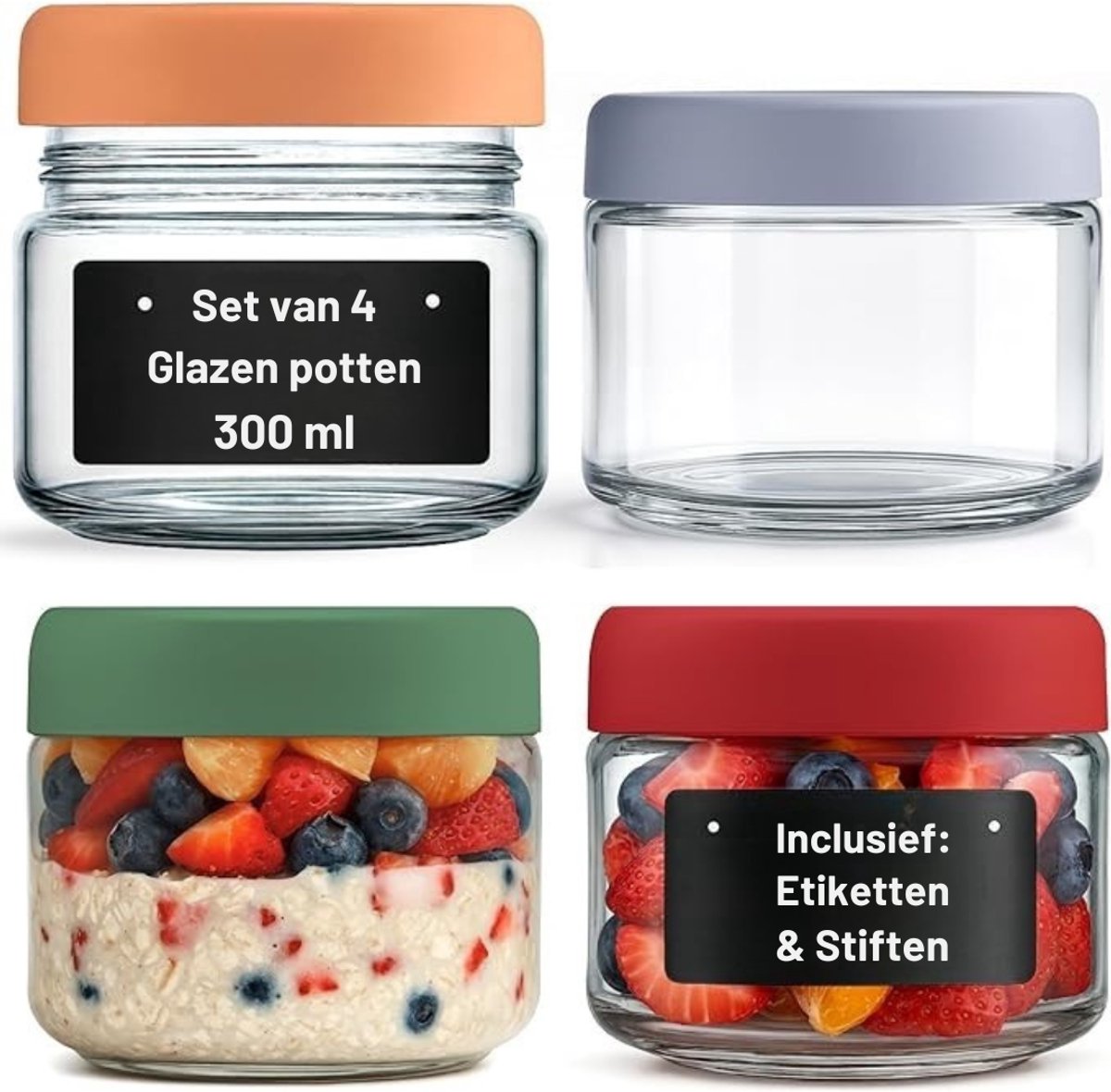 Verte Overnight Oats Potjes - Pot voor Overnight Oats - Mason-Potten met Deksel - Zwarte Etiketten en Pen - Herbruikbare - Luchtdichte Glazen Potten voor Salade - Dressing - Yoghurt - Saus en Ontbijtgranen - 4-Stuk - 300 mL