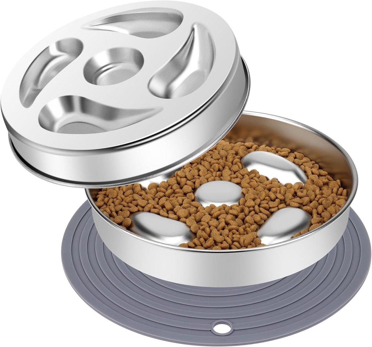 Slow Feeder Hondenbak - Anti-schrok Voerbak - Gezond Eetgedrag - Roestvrijstalen Design - 3 Koppen Capaciteit - Zilver