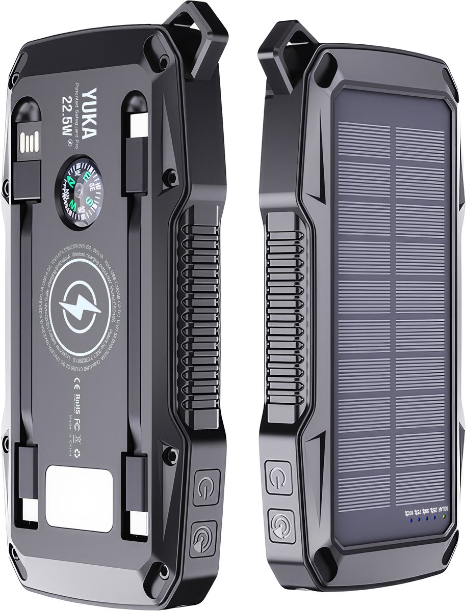 YUKA Solar Powerbank – 22.5W Snelladen – Extra Beveiligde Technologie – Draadloos (15W) – Robuust & Waterbestendig – Noodpakket voor Festivals & Outdoor – 10.000 mAh