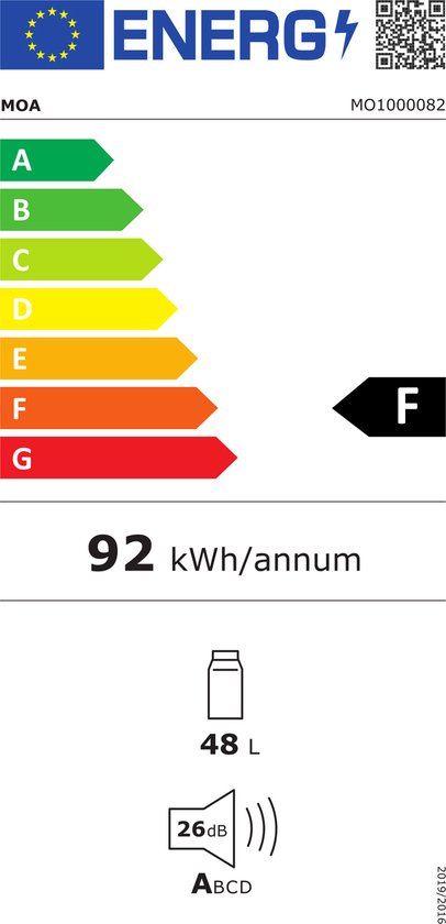 Energie-etiket F, 92 kWh/annum, 48 L, 26 dB, ABC D