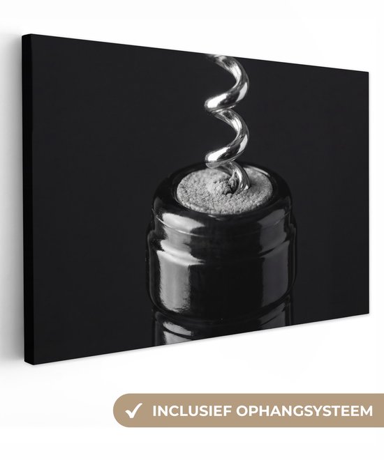 Canvas schilderij 120x80 cm - Exclusieve wanddecoratie Kurkentrekker - Wijn - Zwart - Wit - Muurdecoratie woonkamer - Slaapkamer decoratie - Kamer accessoires - Schilderijen op canvas