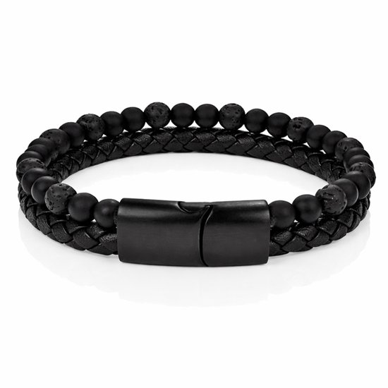 Bracelet double noir avec cuir tressé et perles d'agate et de lave noires, fermoir magnétique en acier inoxydable.
