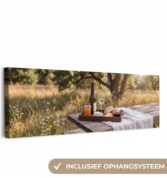 Canvas schilderij 180x60 cm - Exclusieve wanddecoratie Picknick - Wijn - Kaasplankje - Muurdecoratie woonkamer - Slaapkamer decoratie - Kamer accessoires - Schilderijen op canvas