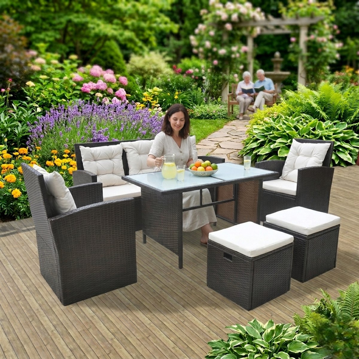 6-delige Tuinset met Kussens – Poly Rattan Loungeset Tuinbankenset Tuinmeubelset voor Buiten, Bruin – House & Garden