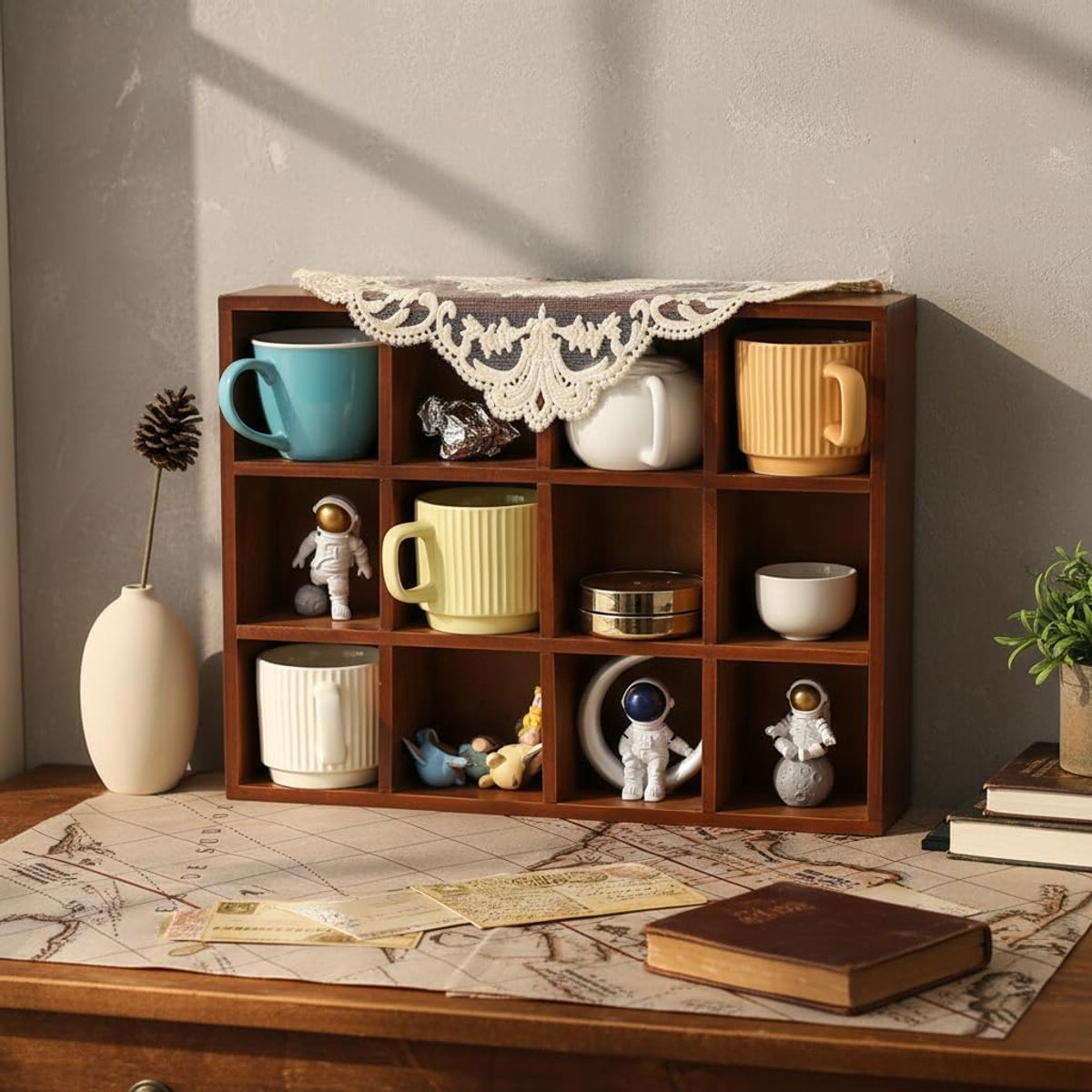 SnelShoppen - Vintage Houten Trinket Shelf Wandrek - 12 Compartimenten Mokken en Knick Knacks Display Plank - Stevige Elegante Houder met Glanzende Ra — cadeau in Wonen & Interieur - foto 6