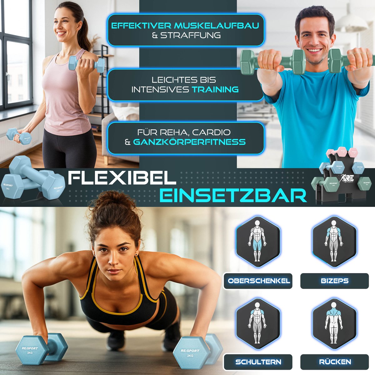 RE:SPORT® Halter Set 3 Paar 1kg–5kg, 18kg met Standaard & 3x Fitnessbanden | Antislip Neopreen Dumbbells voor Dames & Heren | Halters Halterset thumbnail 7