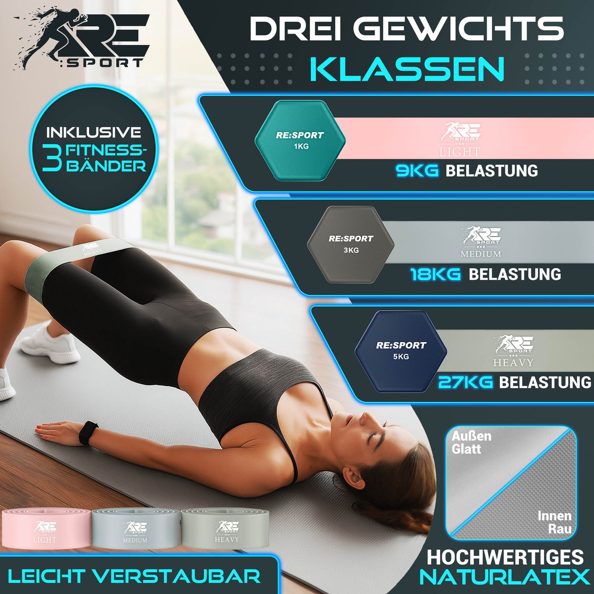 RE:SPORT® Halter Set 3 Paar 1kg–5kg, 18kg met Standaard & 3x Fitnessbanden | Antislip Neopreen Dumbbells voor Dames & Heren | Halters Halterset thumbnail 4
