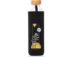 FLASKA Waterfles van glas, 750 ml, BPA-vrij, schroefsluiting, neopreen hoes, ideaal voor sport, kantoor, yoga, waterstructuur, universum