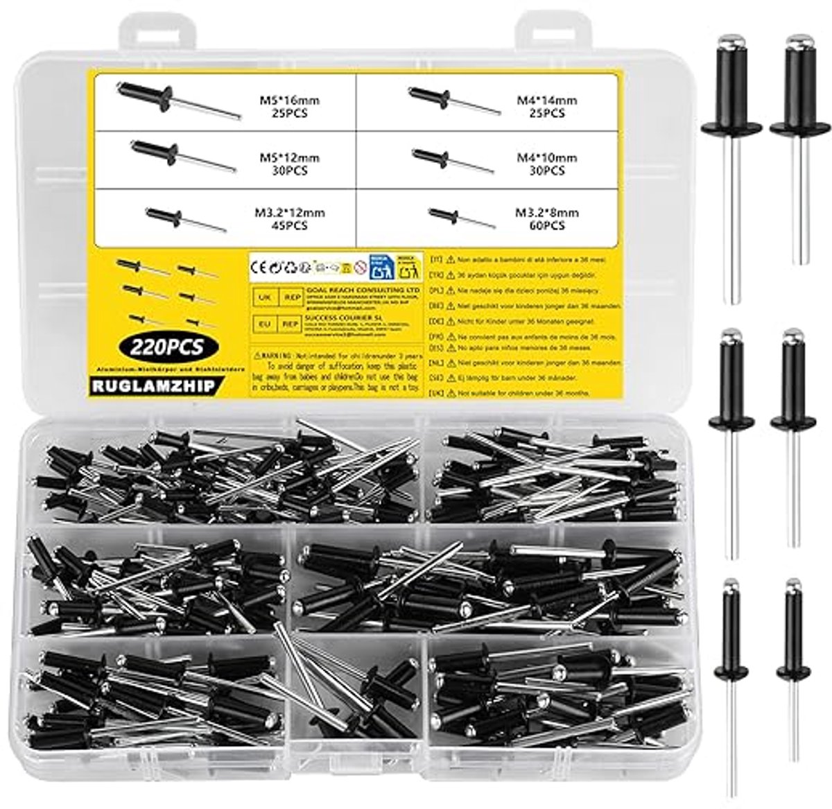 KARZO 220 Stuks Popnagel Set, Aluminium Popnagels Met Grote Flens, Voor Popnagel Assortiment Met Platkop, Aluminium Nagels Voor Metaal Hout Kunststof Meubelen (Zwart, M3,2/M4/M5 x 8/10/12/14/16mm)