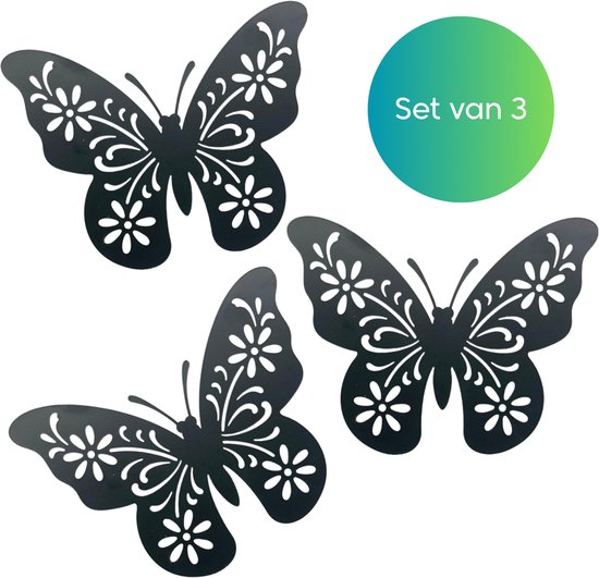 Set van 3 zwarte metalen vlinders met bloemenpatroon. Elk 20 cm breed.