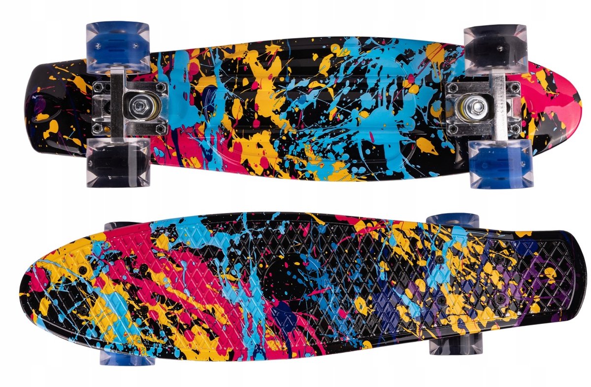 Playos® Pennyboard met LED Wielen – Verfspetters tot 80 kg 56 cm Antislip Skateboard Skaten Buitenspeelgoed Zwart