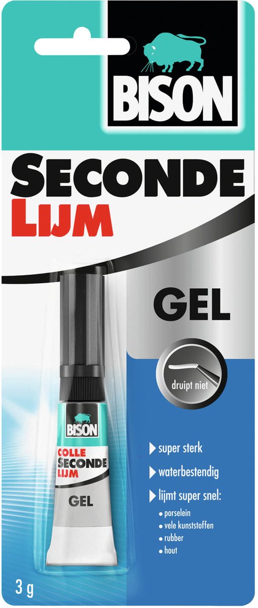 Bison Secondelijm Gel 3g, sterke secondelijm in speciale gelvorm, vaatwasser bestendig, water resistent, voor iedere reparatie in en om het huis, makkelijk in gebruik — afbeelding 1