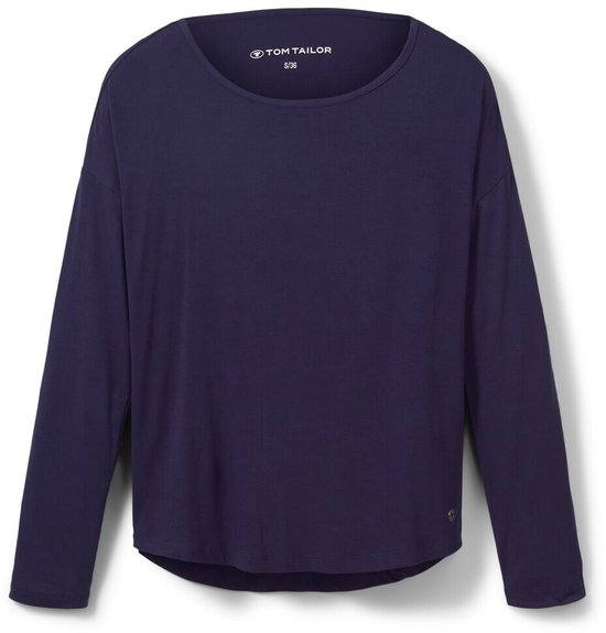 Blauw T-shirt met lange mouwen en boot hals, met TOM TAILOR label, geïsoleerd.