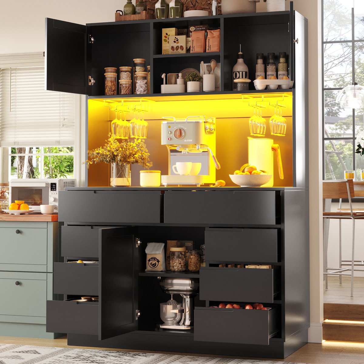 MODENUIT Keukenkast - Met LED-Verlichting En 8 Laden - Voor Keuken En Opbergruimte - MDF En Zwart - 120x40x183,5 cm
