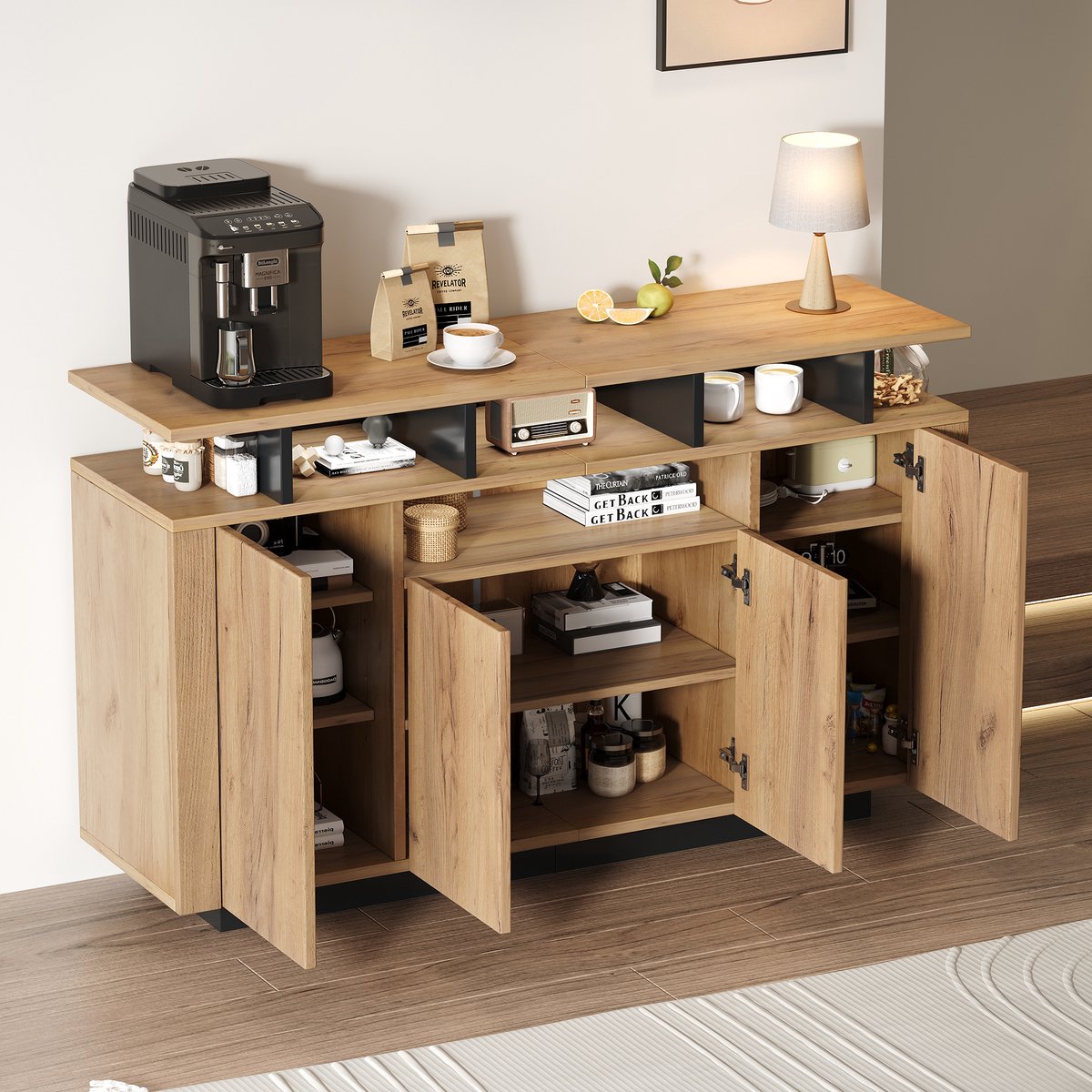 MODENUIT Dressoir - 4 Deuren En 3 Open Vakken - Voor Woonkamer, Hal Of Kantoor - Spaanplaat Naturel - 140x40x85 Cm