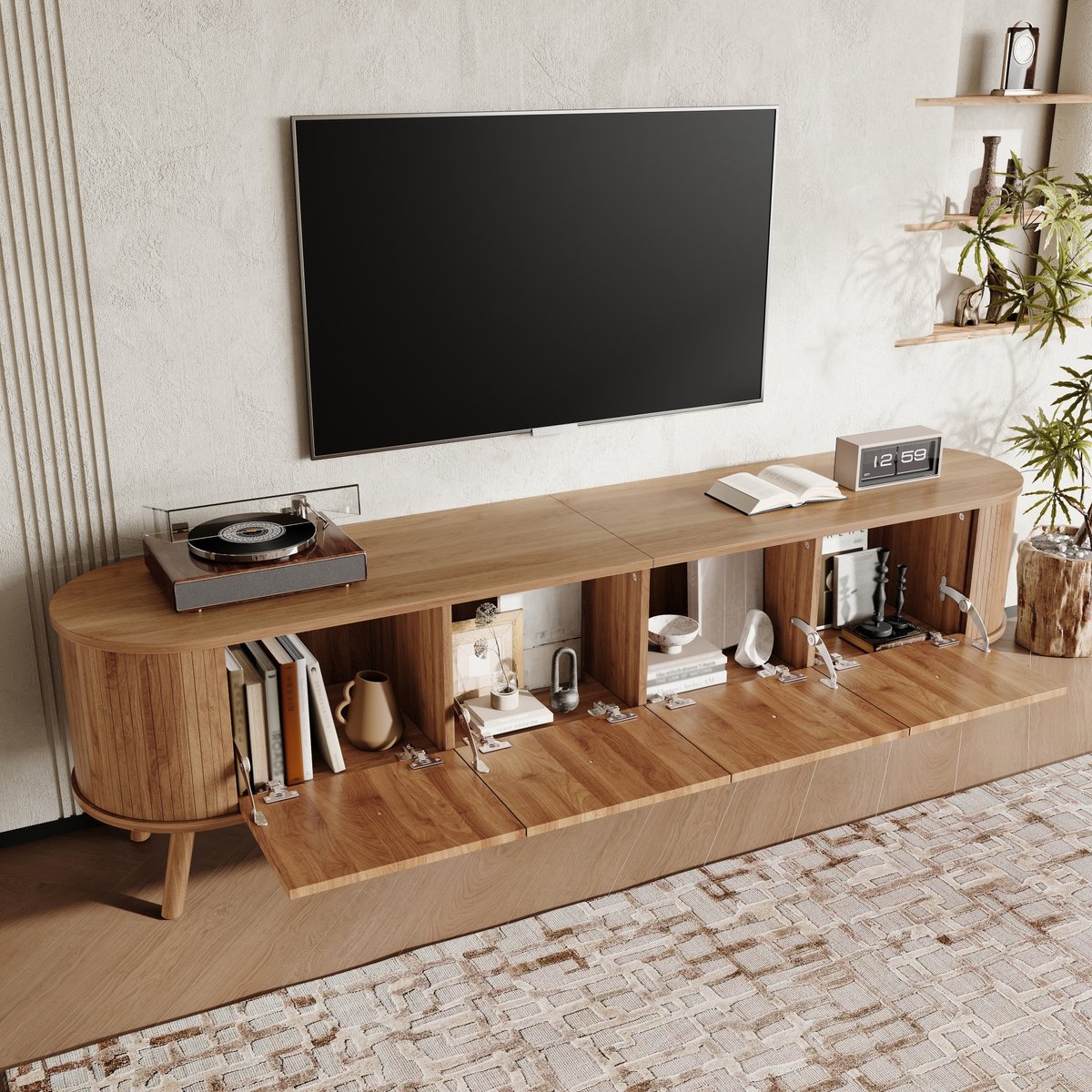 MODENUIT Tv-Kast - Vier Klapdeuren Met Opbergruimte - Voor Woonkamer - MDF En Spaanplaat - 180x38x47 Cm - Eiken
