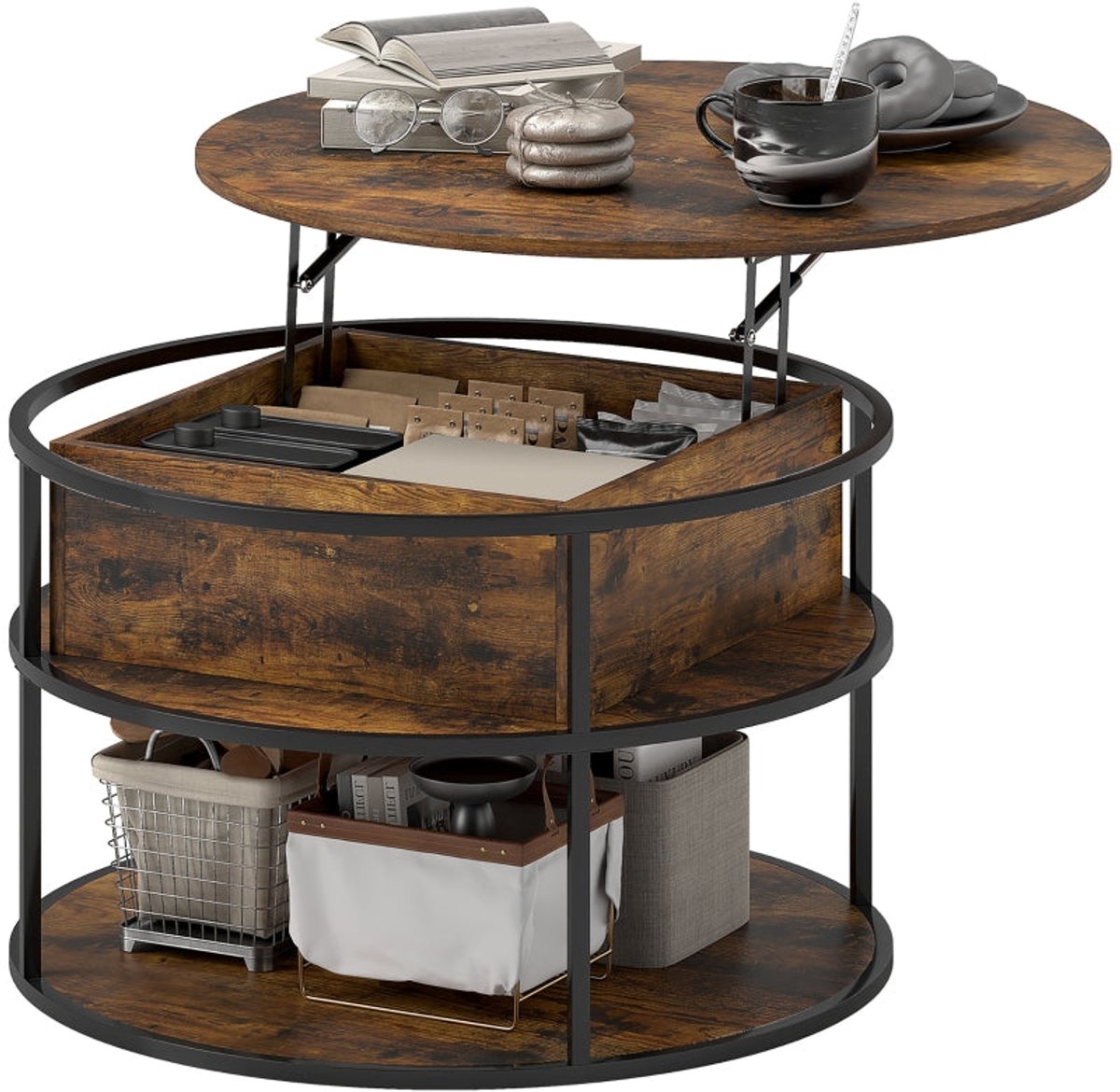 Merax Ronde Salontafel met Liftfunctie Ø80 cm – Industriële Koffietafel met Opbergruimte en Verstelbare Hoogte – Bruine Woonkamertafel met Stalen Frame