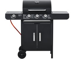 Killogood Gasbarbecue met 3 hoofdbranders + 1 zijbrander - plank - roestvrij staal - zwart - 110 x 50 x 100 cm