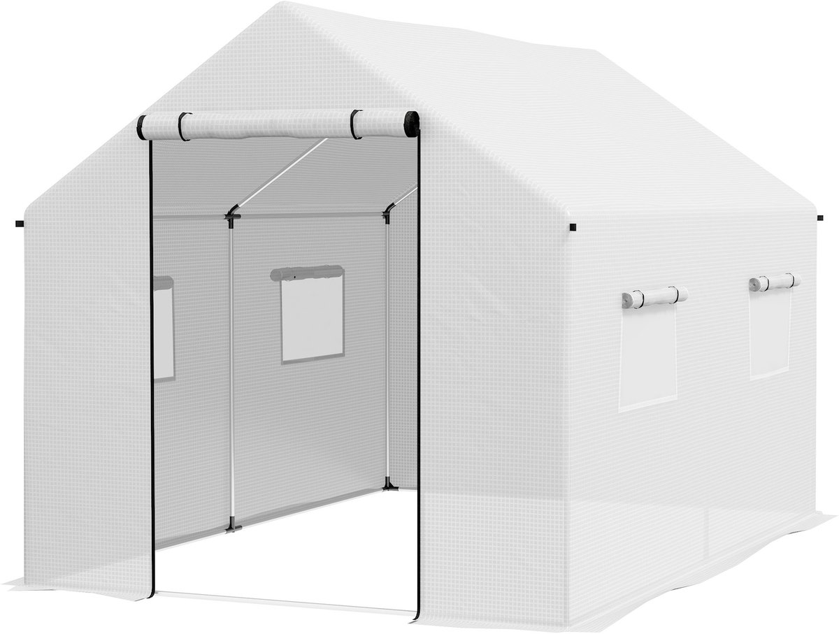 Killogood Tuintunnelkas 2 x 3m - 6m² met oprolbare deur - 4 ramen - - Gegalvaniseerd staal HDPE wit