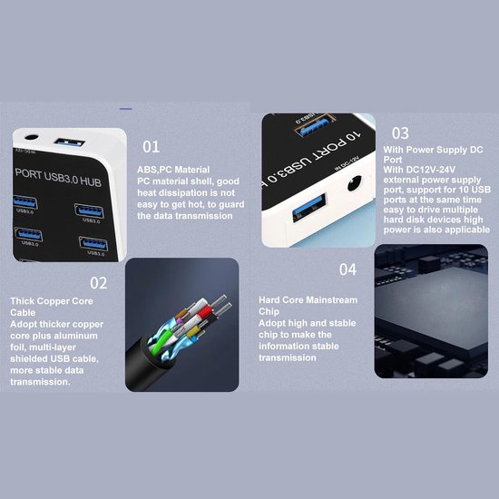 Aangedreven USB Hub - Poorten Uitbreider - Meer Apparaten - 10 Poorten 5Gbps - 121 Gram — afbeelding 3