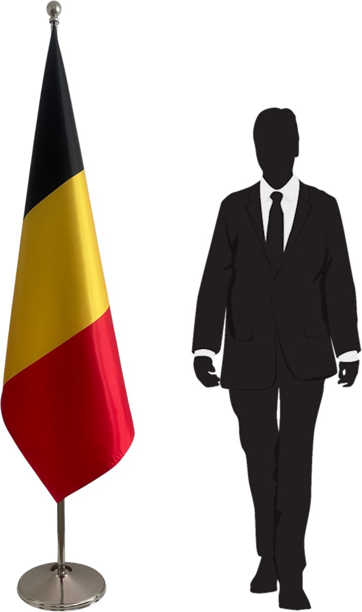 Belgische vlag met standaard en mast RVS – zware vloerstandaard Ø 360 mm (3 kg) – telescopische mast tot 2,5 m – 100x150 cm dubbelzijdig bedrukt – kantoor vlag binnen