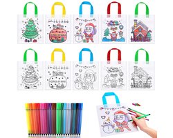 HOWAF 10 Christmas DIY Tassen voor Kinderen - Kleur je eigen Kerst Cadeautas, Herbruikbare Non-Woven Kerst Totes met 24 Verfstiften