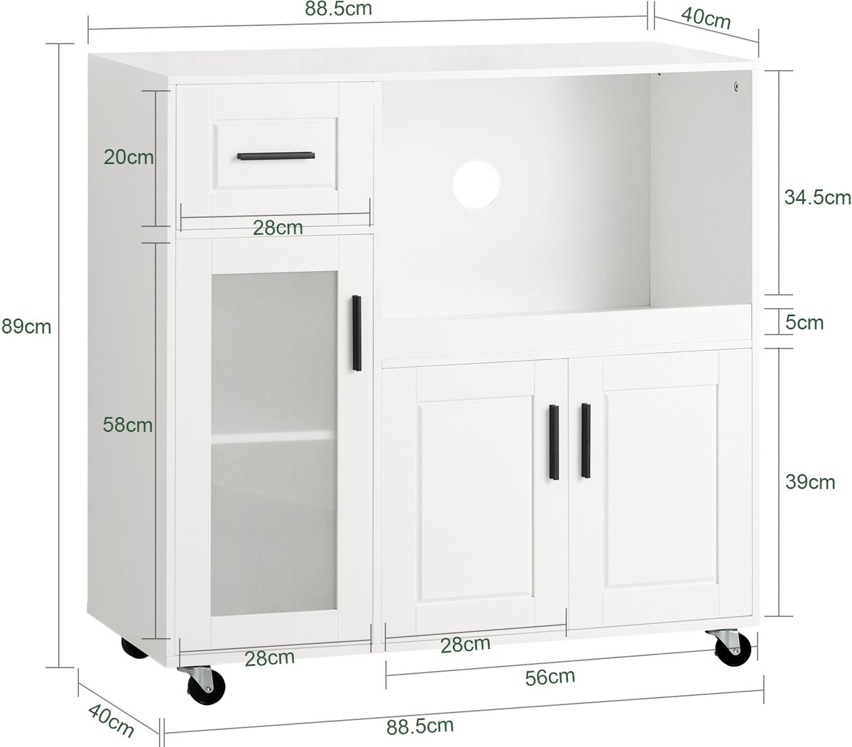 JAQZY Magnetronkast - Keukenkast - Op Wielen - Ruime Opberg Mogelijkheden - Multifunctioneel - 88,5 × 89 × 40 cm - Tot 60Kg