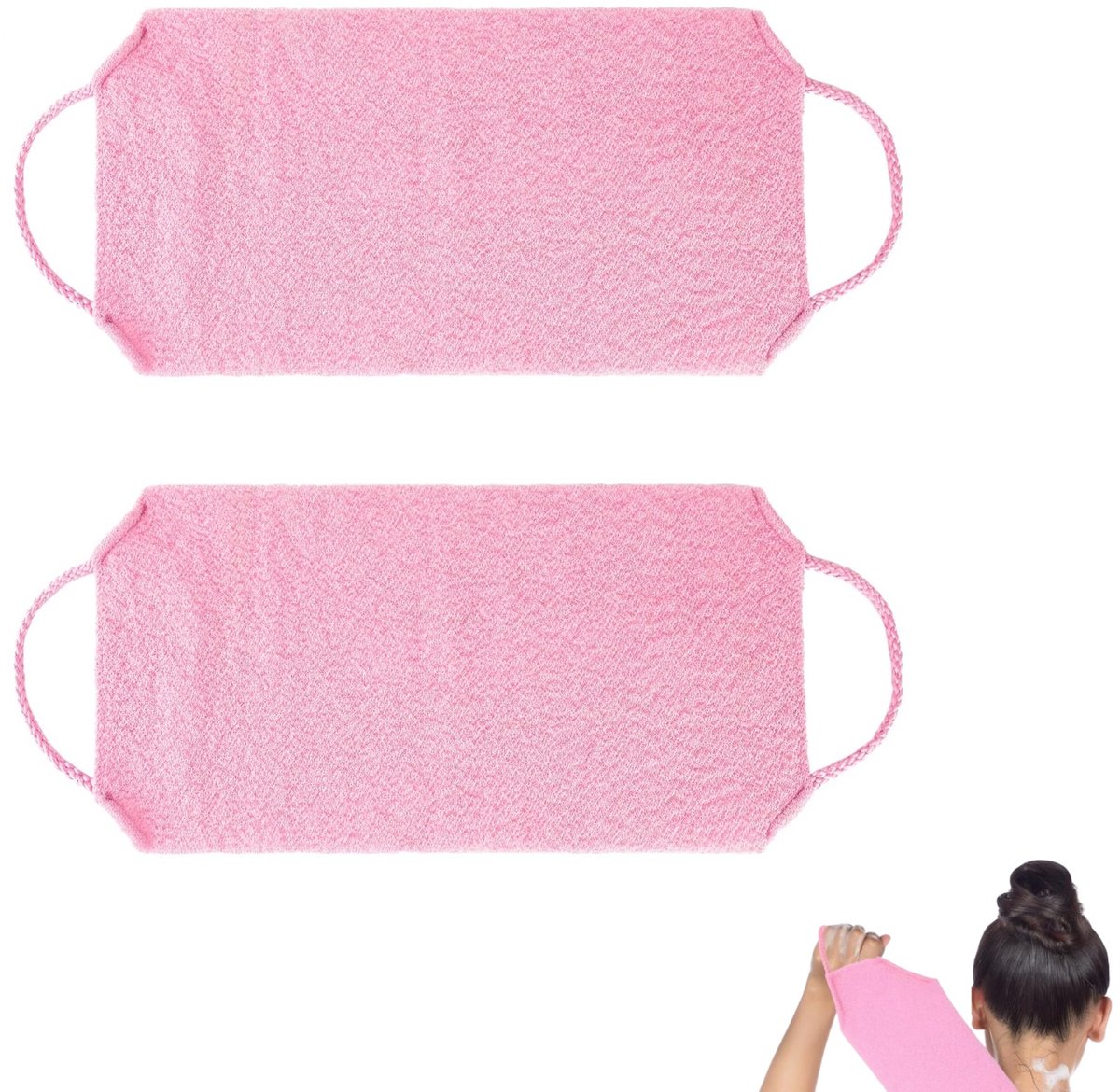 2 stuks - Rugscrubhanddoek - Lichaamsscrubhanddoek - Uitschuifbare lichaamsscrubhanddoek - Exfoliërende rugscrubhanddoek met handvat - Dubbelzijdige nylon lichaamsscrubhanddoek - Geschikt voor het reinigen en exfoliëren van lichaam en gezicht (roze)