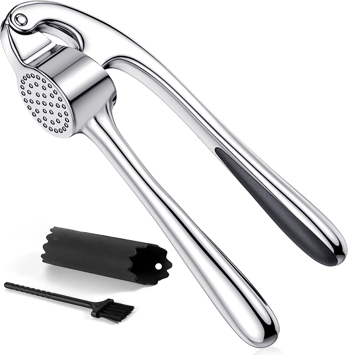Sander Shop Knoflookpers roestvrij staal - Premium professionele knoflookhakmolen, breker en dunschiller set - gemakkelijk schoon te maken, vaatwasmachinebestendig en roestvrij (zilver)