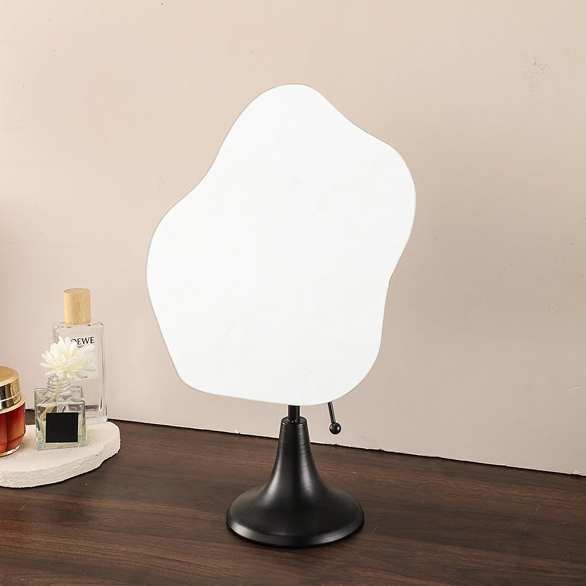 Frameless Desktop Mirror with Metal Stand - Irregular Vanity Makeup Tabletop Mirror - Freestanding Bathroom Bedroom Accessory - Black