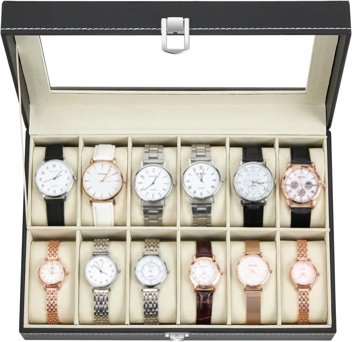 12 slots watch case voor mannen - glazen deksel - PU leer horlogehouder - fluwelen kussens - horloge opbergdoos voor mannen en vrouwen - cadeau-idee voor verjaardag - luxe horloge opslag