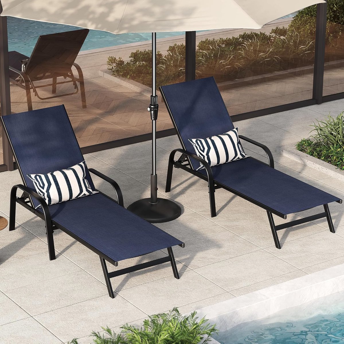 Set van 2 Luxe Ligstoelen voor Buiten - Verstelbare Tuinstoel (5 Standen) - Textileen - Donkerblauw