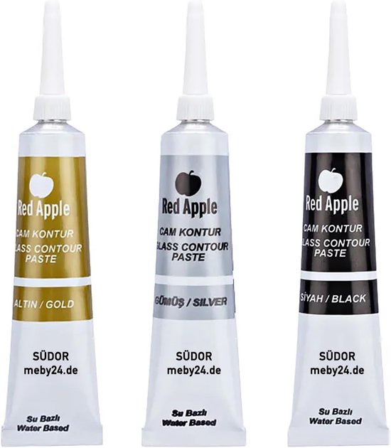 Trois tubes de pâte de contour : or, argent et noir, avec les inscriptions Red Apple et SÜDOR meby24.de.