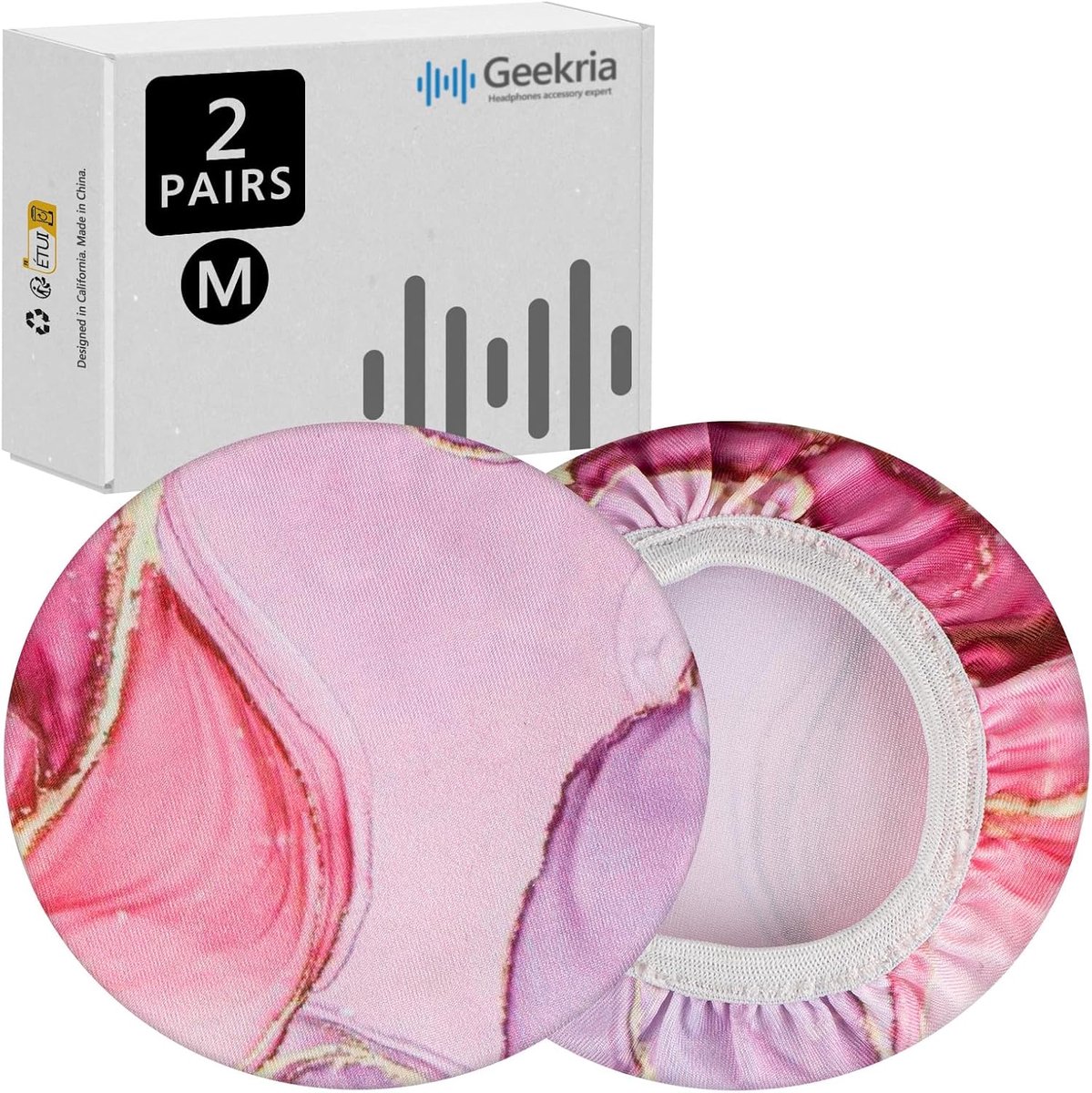 2 Pairs Flexible Fabric Earmuffs - Product Safety Certificate - Washable & Stretchy Protectors for Over-Ear Headphone Accessories - Sweatproof - M/Pink Marble