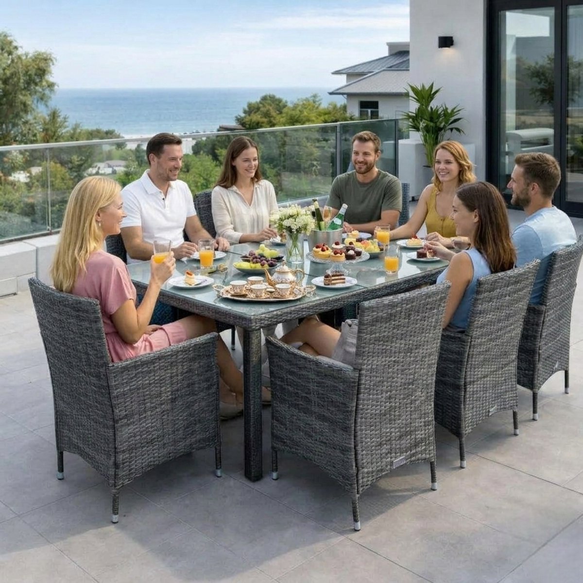 Polyrotan Tuinset 8 Personen – Rotan Eetgroep met Tafel, Stoelen en Kruk + Kussens – Tuinmeubelen voor Balkon & Tuin – Antraciet-Grijs | House&Garden
