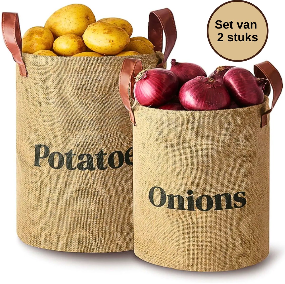 Janse® Jute voorraadzak voor uien en aardappelen set van 2 - Voorraadzak - Voedselopbergers - Opslagzakken - Voorraadmanden voor uien en aardappelen - Met leren handvatten