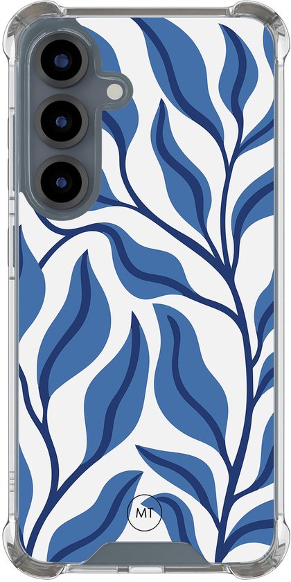 Coque transparente avec motif de feuilles bleues pour Samsung Galaxy S25, vue de côté.