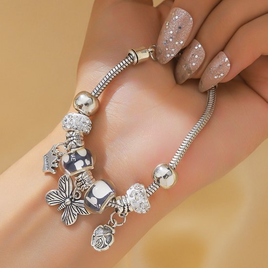Sjika - Bedelarmband Dames Zilver plated – Armband met Bedels & Kristal Kralen – Pandora Style Charm Bracelet – Verstelbaar