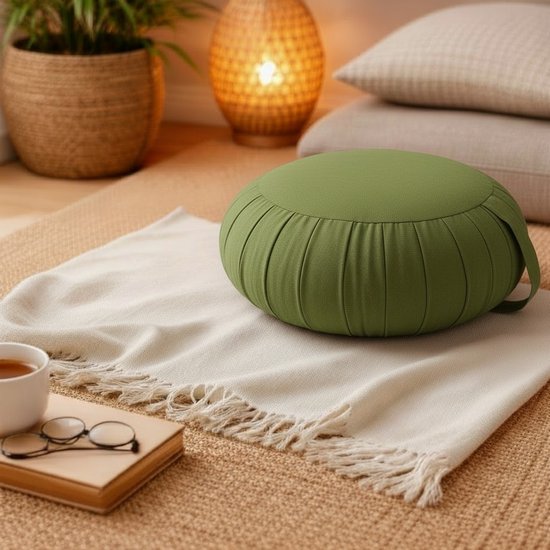 Zafu meditatiekussen rond 35 cm – hard & stevig kapok – yoga kussen / meditatiekussen – Moss groen – met draaglus — afbeelding 4