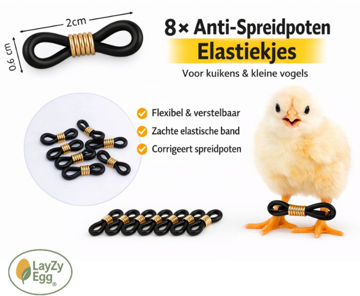 LayZyEgg® Anti-spreidpoten Beugels & Elastiekjes (8x) | Kuiken Spreidpoot Correctie 24-48u | Voor Kuikens, Kwartels, Duiven, Parkieten, Eenden, Papegaaien