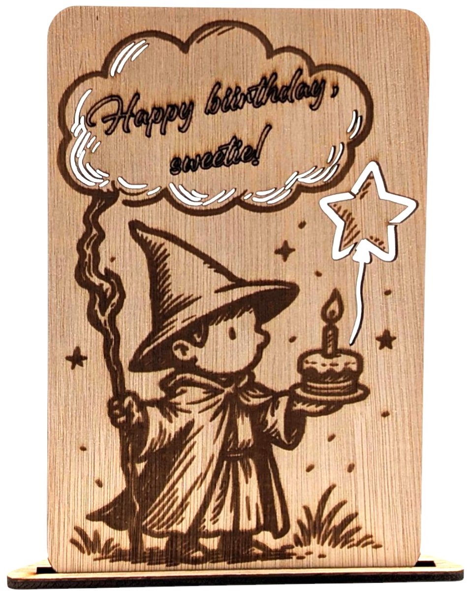 Vilewoods Houten Verjaardagskaart – Wizard Design – Happy Birthday Sweetie – Inclusief Envelop – Handgemaakt