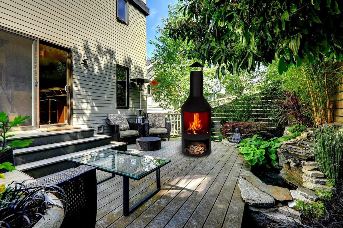Terraskachel Tuinhaard met Schoorsteen en Houtopslag 134 x 44,5 x 44,5 cm Zwart Koolstofstaal Vuurplaats met Vonkbescherming voor Tuin & Terras - NoviHome