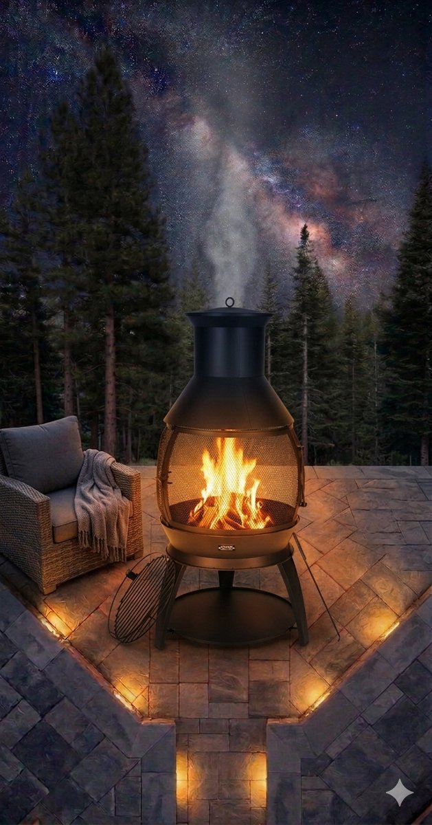 tuinhaard Chimenea met Grill 110 x 50 x 50 cm Zwart IJzeren Terraskachel 360° Warmte met Schoorsteen, Hoes en Aslade - NoviHome