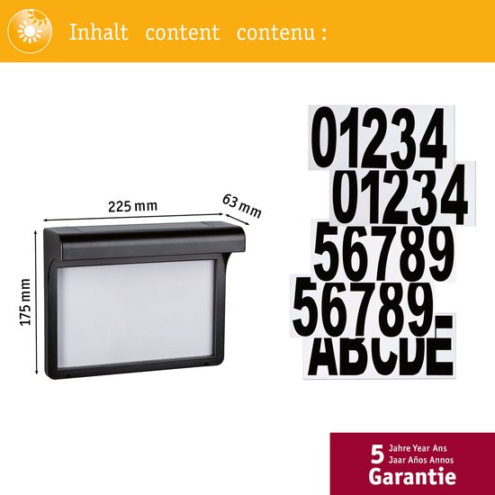 Zwarte huisnummerverlichtingsbehuizing met afmetingen 225x175x63mm en een set met cijfers 0-9 en letters A-E.