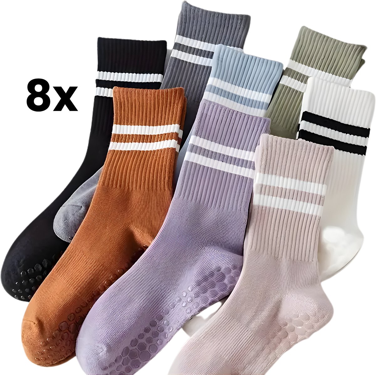 Goodli Antislip Yoga & Pilates Sokken Dames - Set van 8 Paar - Comfortabele Grip Sokken voor Studio, Thuis & Fitness - Ademend & Elastisch Polyestervezel - Zachte Stof & Sterke Antislip Zool - Geschikt voor Yoga, Pilates & Barre Training