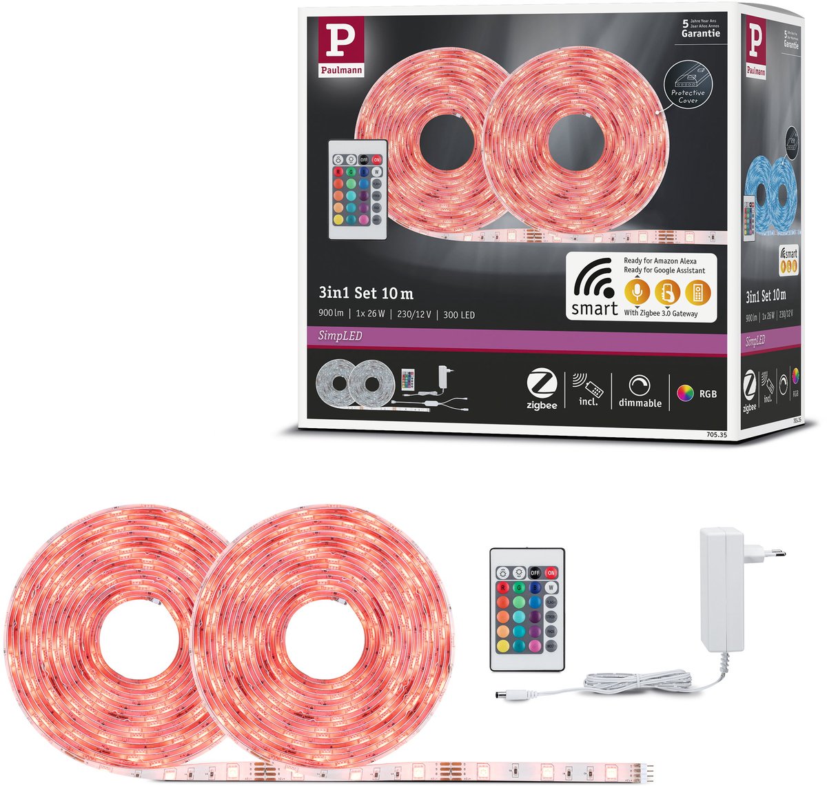 Paulmann SimPLED LED Strip 10 Meter Smart Home Zigbee 3.0 RGB - Plug & Play Set - 26W - 90 lm/m - 30 LEDs/m - Gecoat - Voor Binnen Wit