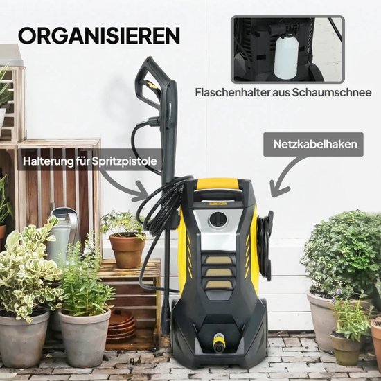 Hogedrukreiniger met 5-delige Accessoires - 1800W - 135 bar - 540 l/h - Incl. 5m Slang, Verstelbare Spuitstukken en Accessoires - Auto Was Set - Terrasreinigers - Hogedrukspuit - Geel+Zwart van Merkloos	 — afbeelding 3