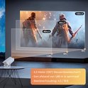 Witte beamer projecteert een afbeelding op een scherm met indicatie van 40, 80 en 130 inch. Tekst over projectieafstand.